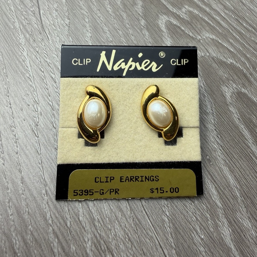 Vintage Napier Clip On Earrings Gold Tone Faux Pearl Oval New